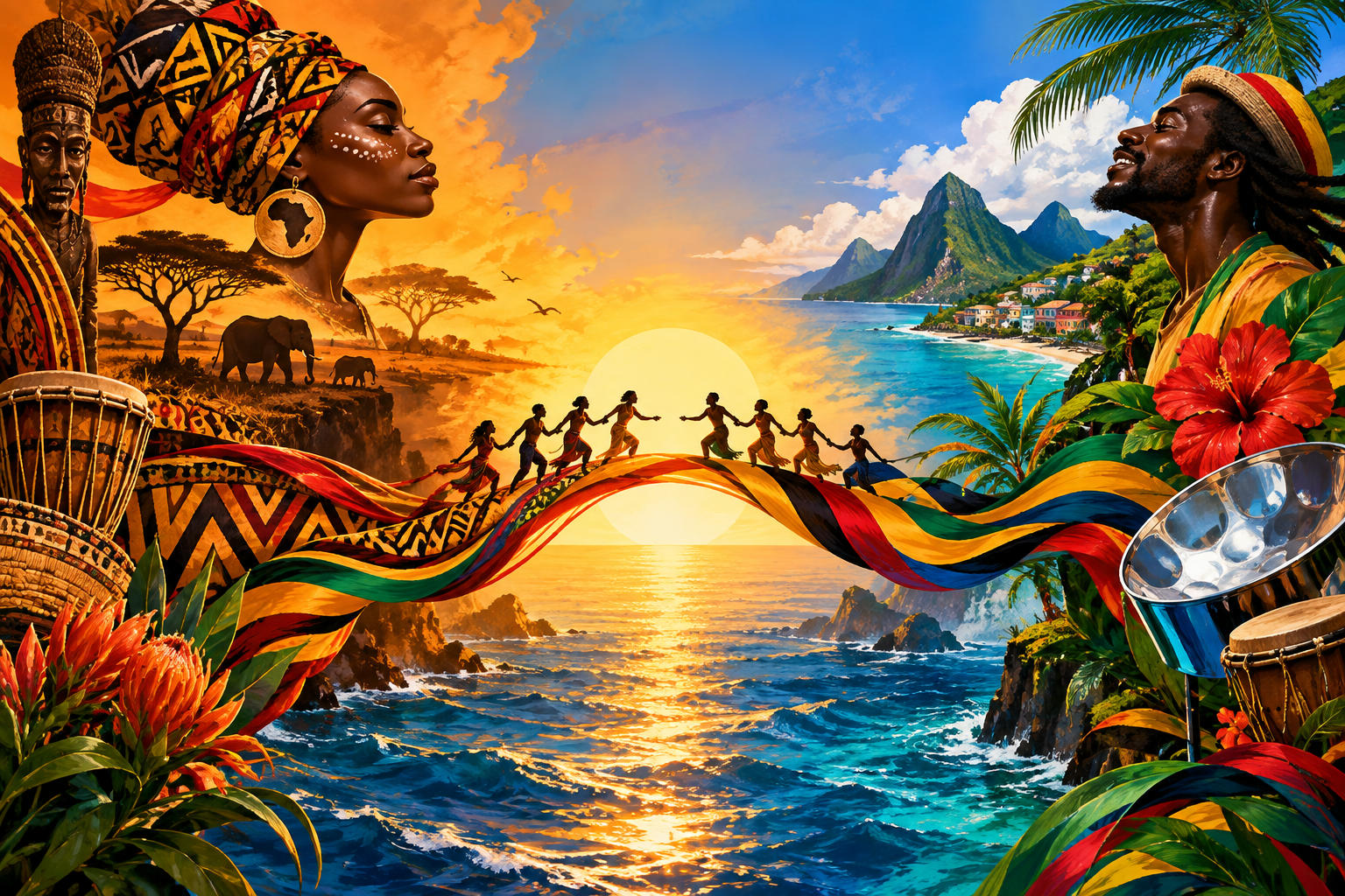 Artwork: a heritage sun above the Atlantic, its currents crossing to an arc of Caribbean islands